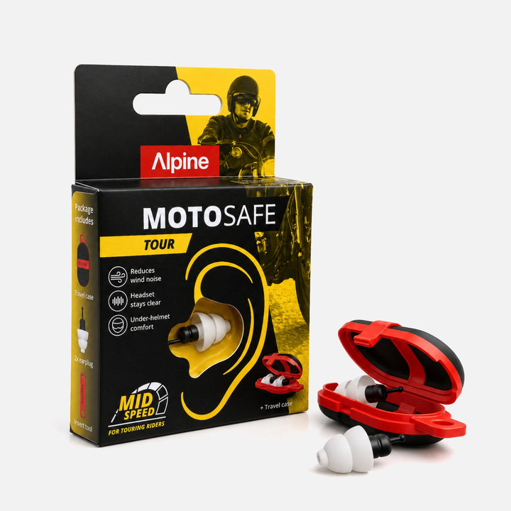 Alpine MotoSafe Tour earplugs with packaging, red travel case and white black earplugs