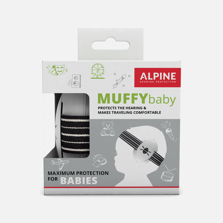 Alpine Muffy Baby Earmuffs packaging in black, featuring hearing protection designed for babies and toddlers, ideal for travel and noisy environments.