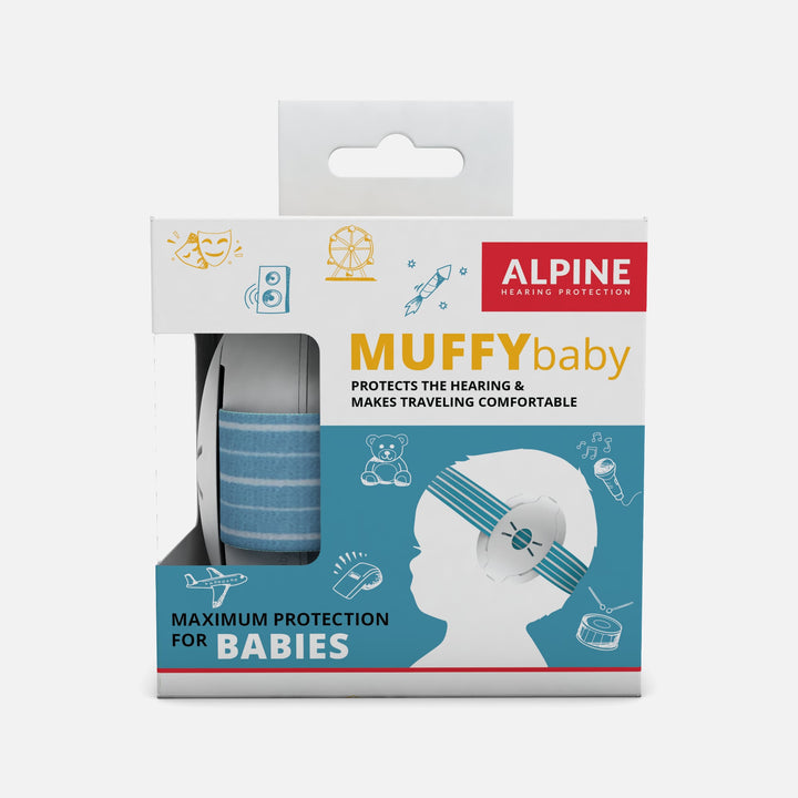 Alpine Muffy Baby Earmuffs packaging in blue, featuring hearing protection designed for babies and toddlers, ideal for travel and noisy environments.