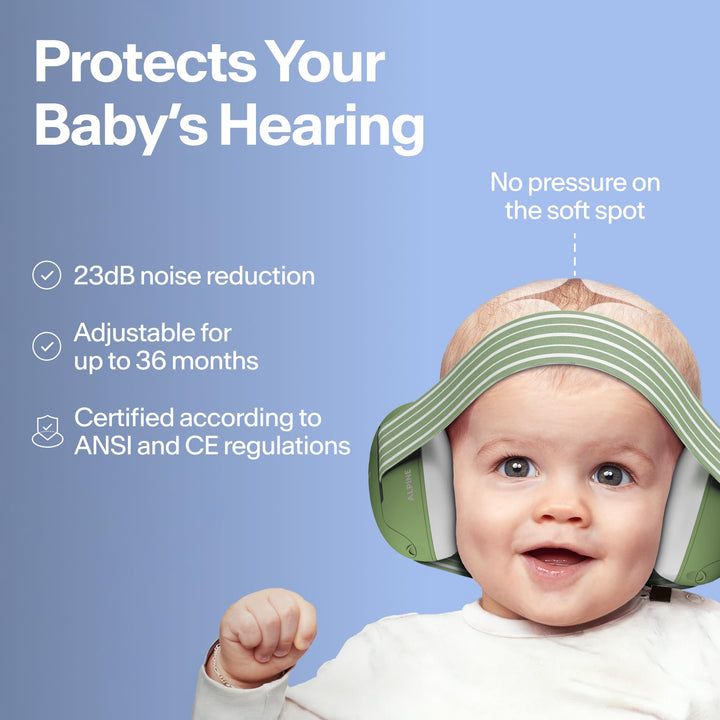 Alpine Muffy Baby Classic blue baby earmuffs with packaging box and travel pouch