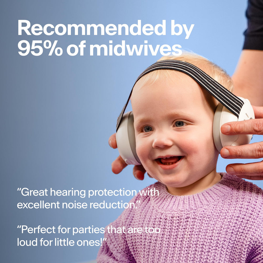 Toddler wearing Alpine Muffy Baby Classic earmuffs with midwife recommendation information