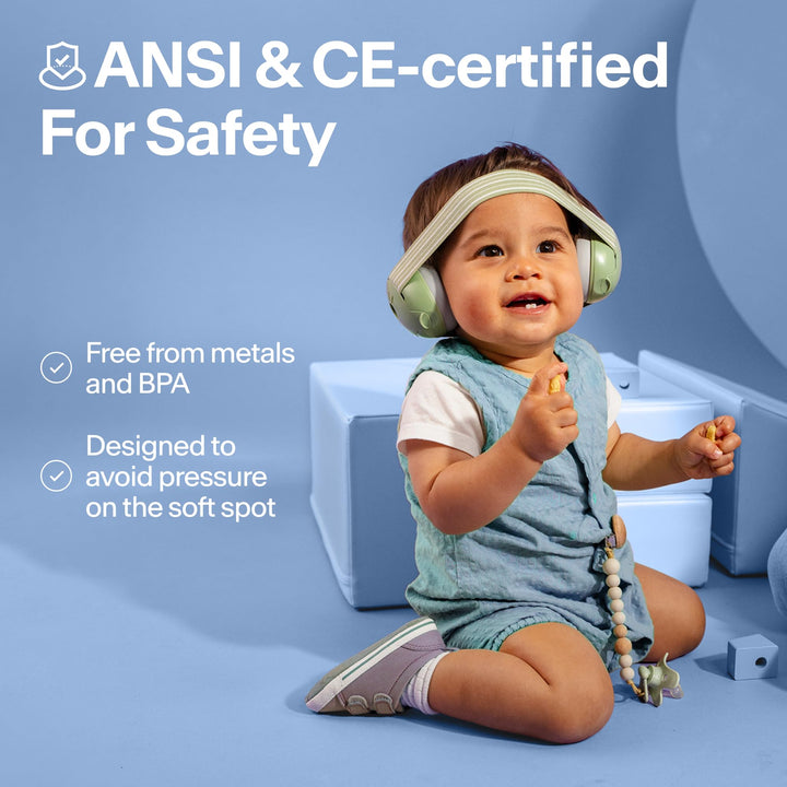 Toddler wearing Alpine Muffy Baby Classic earmuffs with ANSI and CE safety certification information