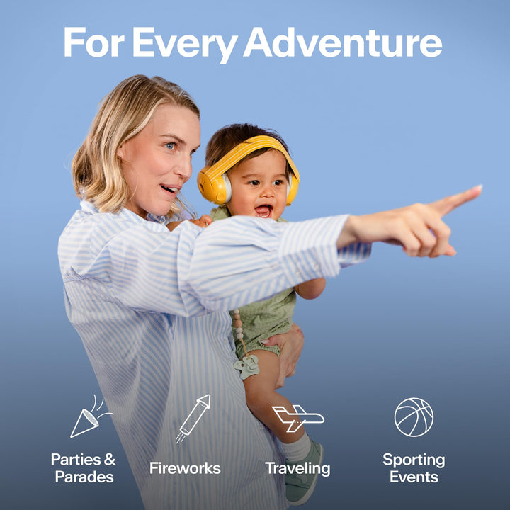Adult holding child wearing Alpine Muffy Baby Classic earmuffs for family adventures