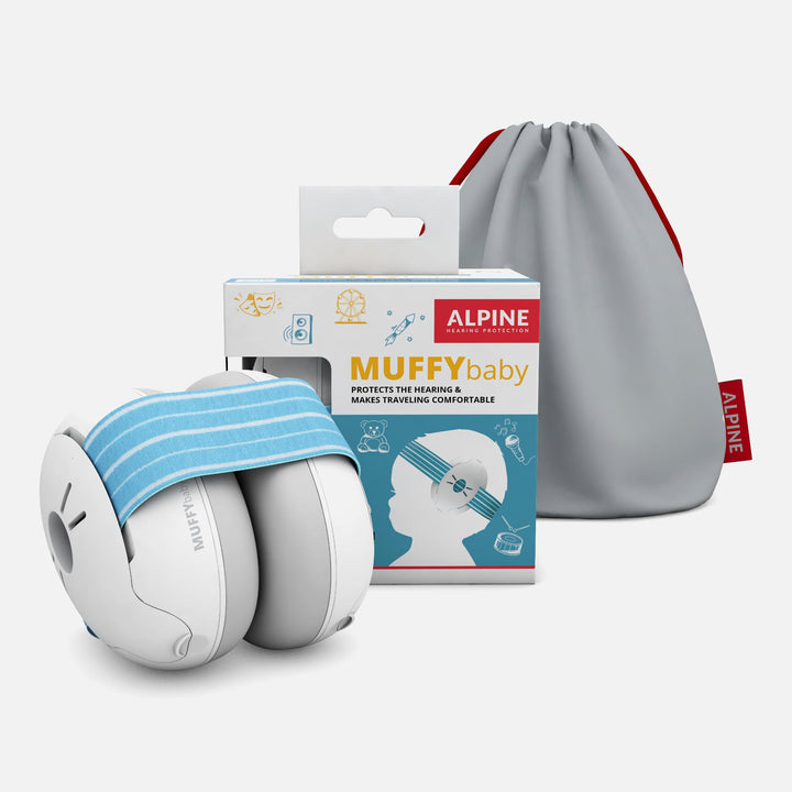 Alpine Muffy Baby Classic blue baby earmuffs with packaging box and travel pouch