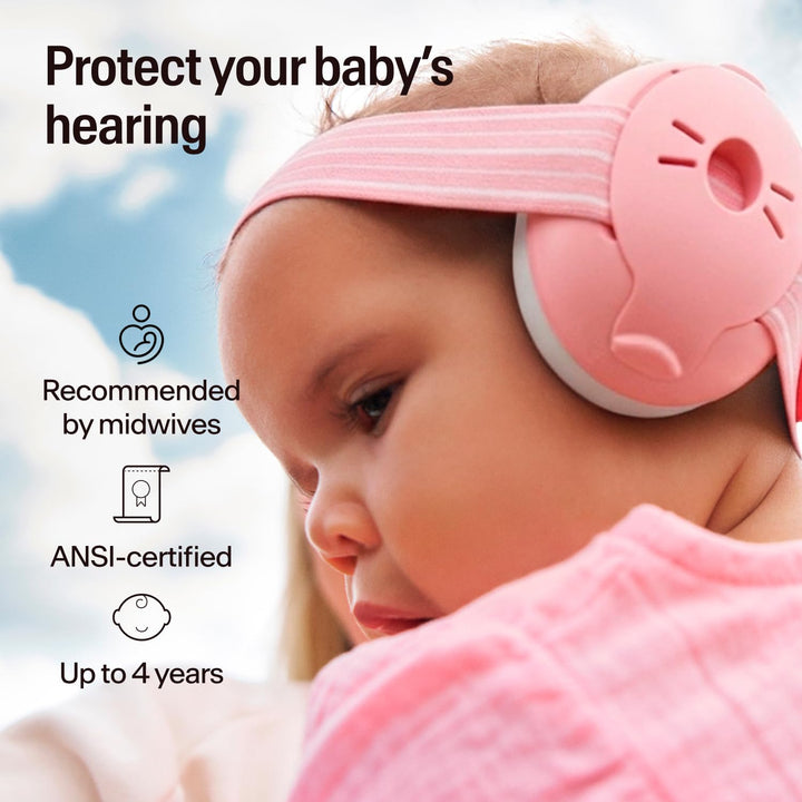 Baby wearing blush Alpine Muffy Baby earmuffs with ANSI-certified hearing protection information