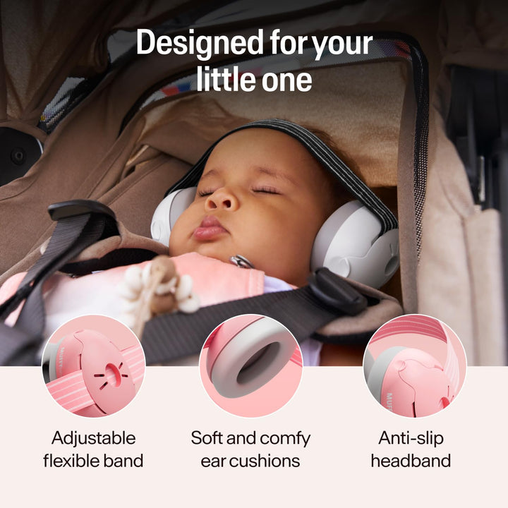 Baby wearing white Alpine Muffy Baby earmuffs in a stroller with adjustable band and ear cushion details
