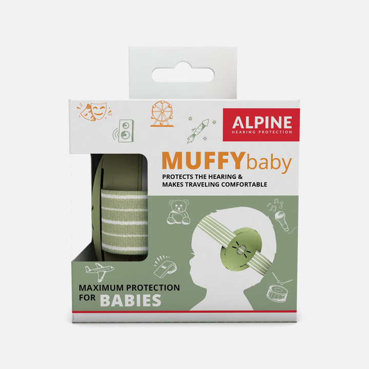 Alpine Muffy Baby Earmuffs packaging in green, featuring hearing protection designed for babies and toddlers, ideal for travel and noisy environments.