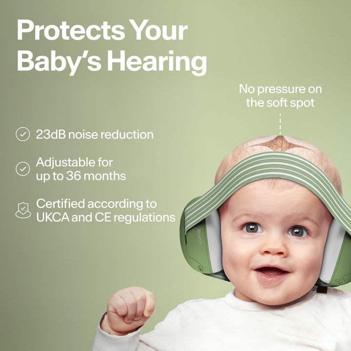 Baby wearing Alpine Muffy Baby Classic earmuffs with 23dB noise reduction information