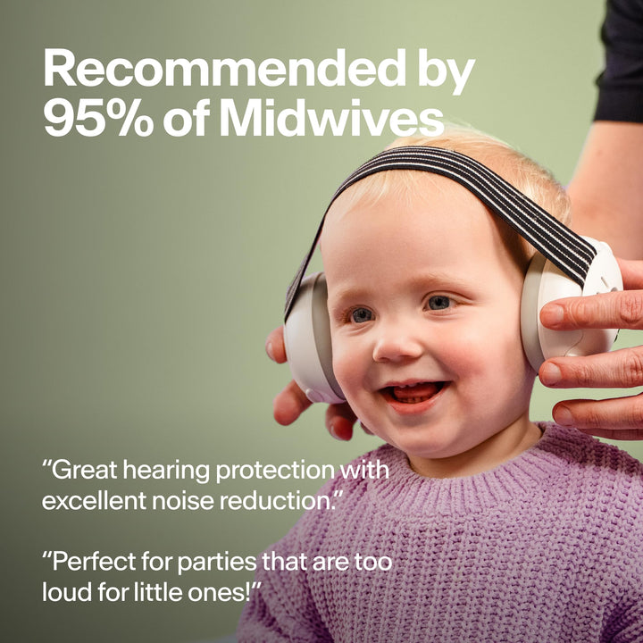 Toddler wearing Alpine Muffy Baby Classic earmuffs with midwife recommendation information