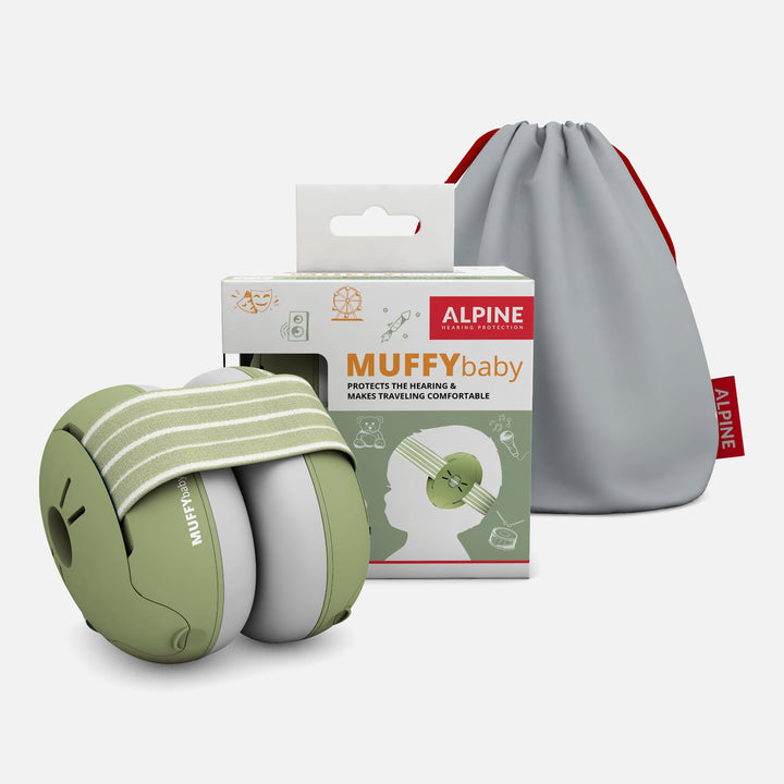 Alpine Muffy Baby Classic green baby earmuffs with packaging box and travel pouch