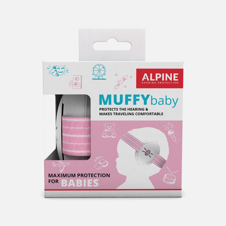 Alpine Muffy Baby Earmuffs packaging in pink, featuring hearing protection designed for babies and toddlers, ideal for travel and noisy environments.