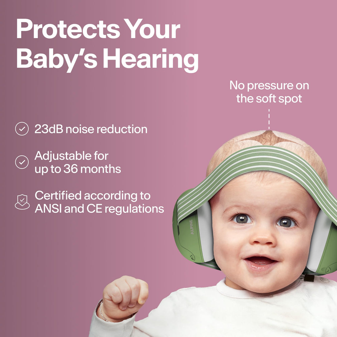 Baby wearing Alpine Muffy Baby Classic earmuffs with 23dB noise reduction information