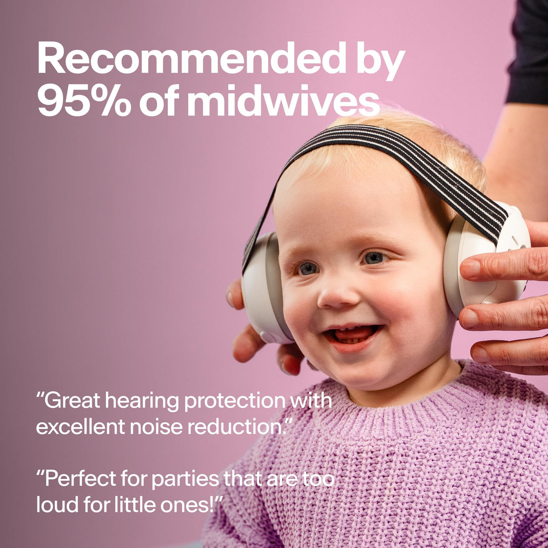 Toddler wearing Alpine Muffy Baby Classic earmuffs with midwife recommendation information