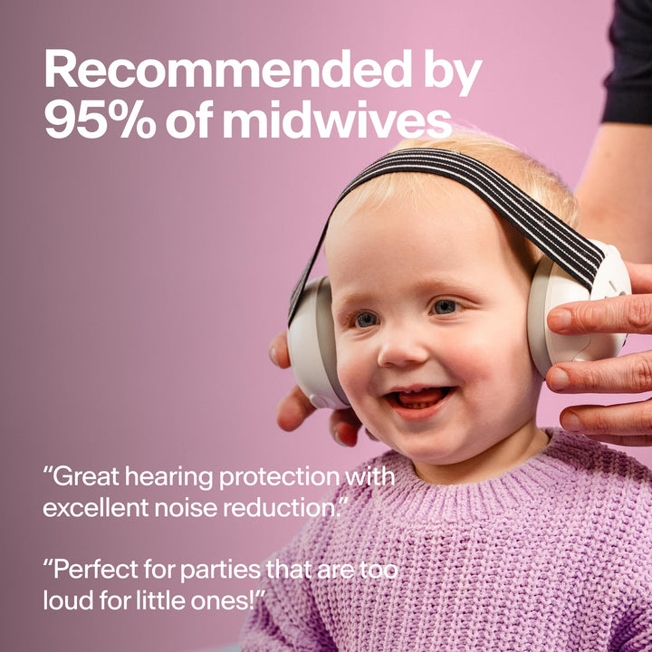 Toddler wearing Alpine Muffy Baby Classic earmuffs with midwife recommendation information