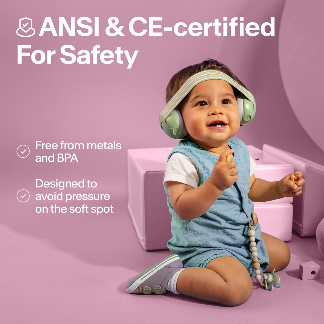 Toddler wearing Alpine Muffy Baby Classic earmuffs with ANSI and CE safety certification information