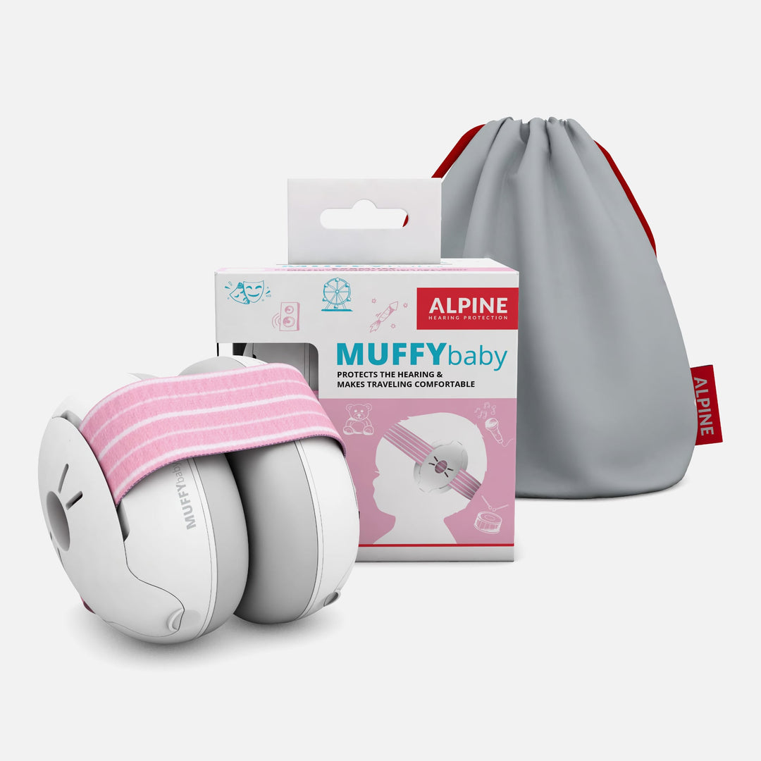 Alpine Muffy Baby Classic pink baby earmuffs with packaging box and travel pouch