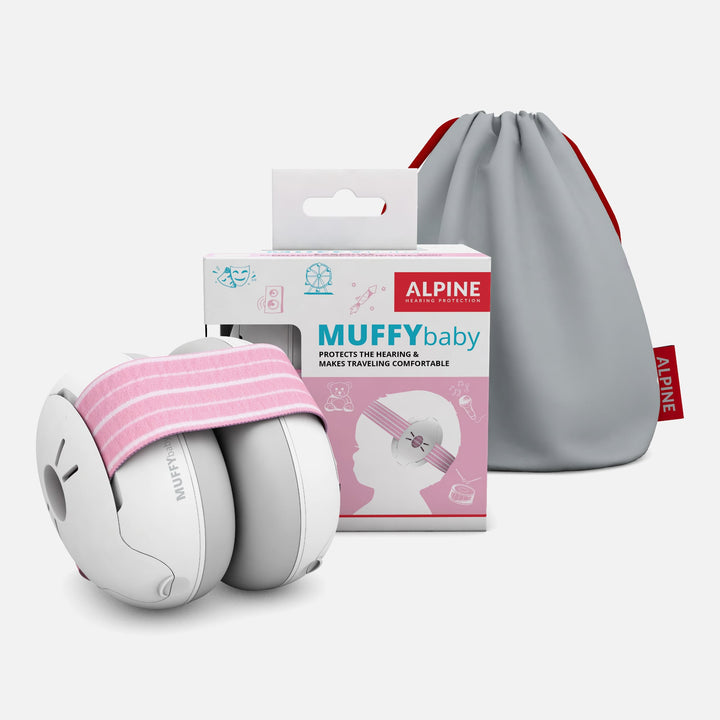 Alpine Muffy Baby Classic pink baby earmuffs with packaging box and travel pouch