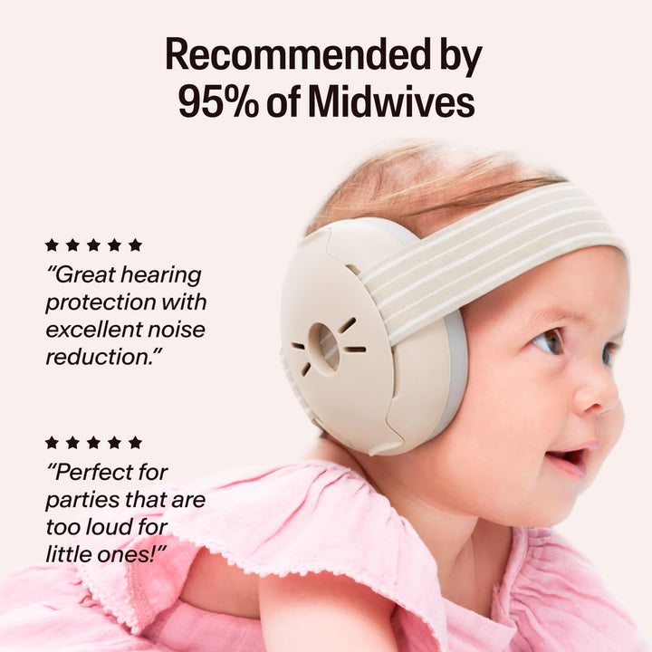 Baby wearing Alpine Muffy Baby Classic Sand earmuffs with striped headband in lifestyle scene