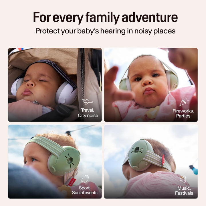 Collage of babies wearing Alpine Muffy Baby Classic Sand earmuffs during travel and outdoor activities