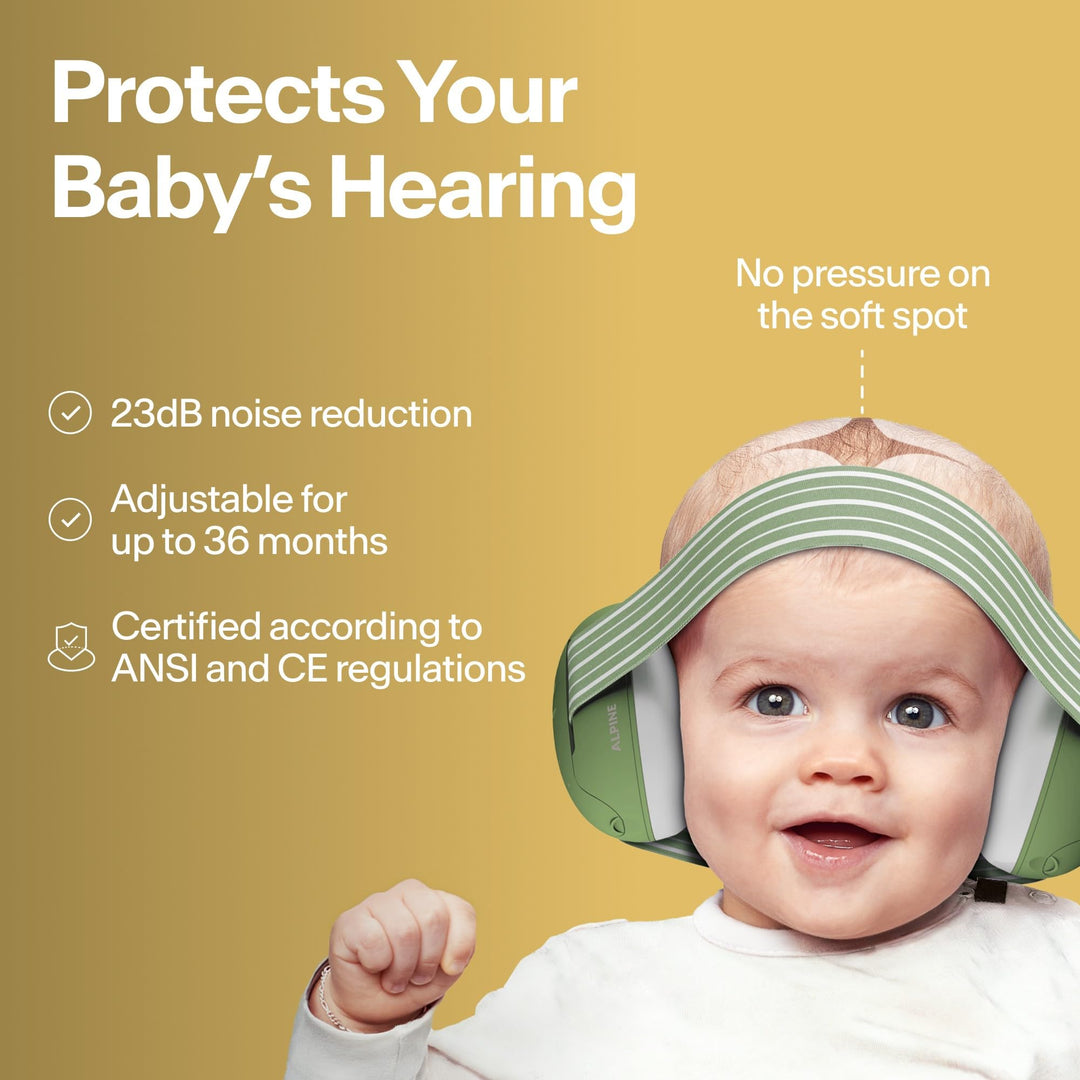 Baby wearing Alpine Muffy Baby Classic earmuffs with 23dB noise reduction information