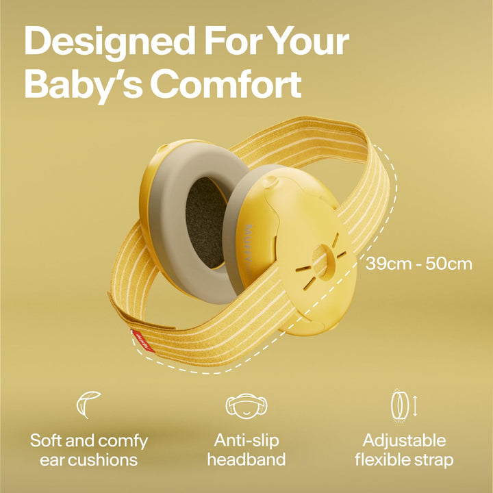Alpine Muffy Baby Classic yellow earmuffs with adjustable headband and soft ear cushions