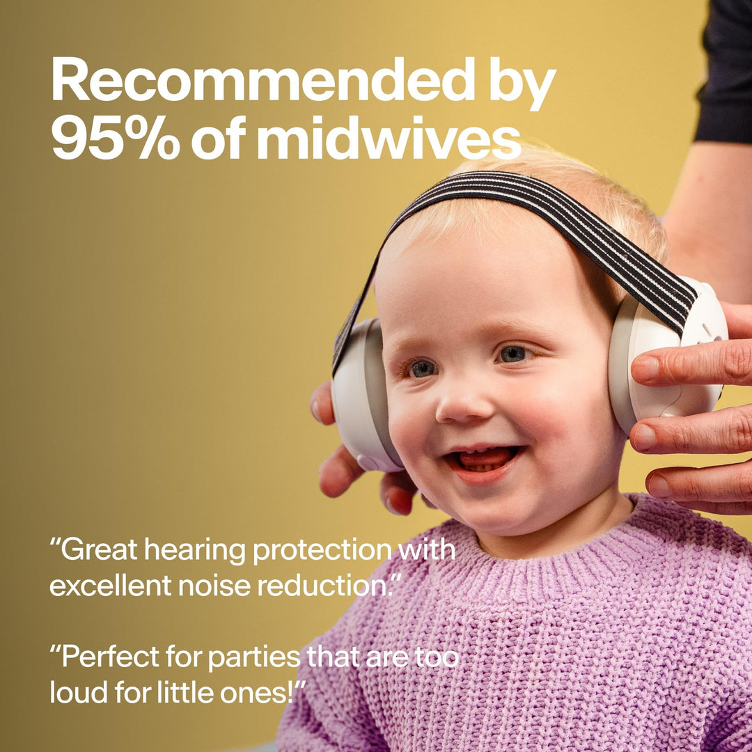 Toddler wearing Alpine Muffy Baby Classic earmuffs with midwife recommendation information