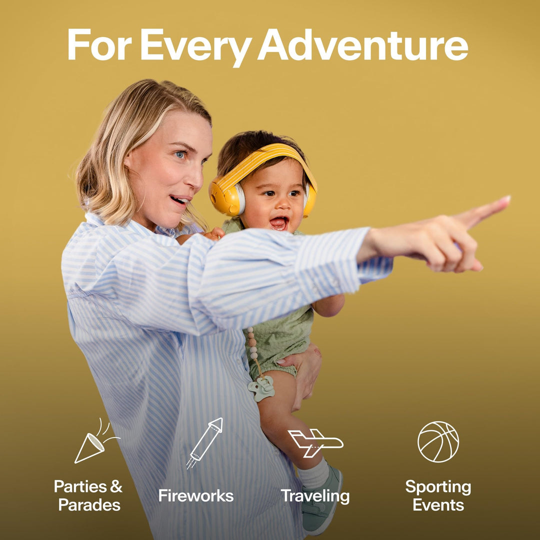 Parent holding child wearing Alpine Muffy Baby Classic yellow earmuffs during family activities