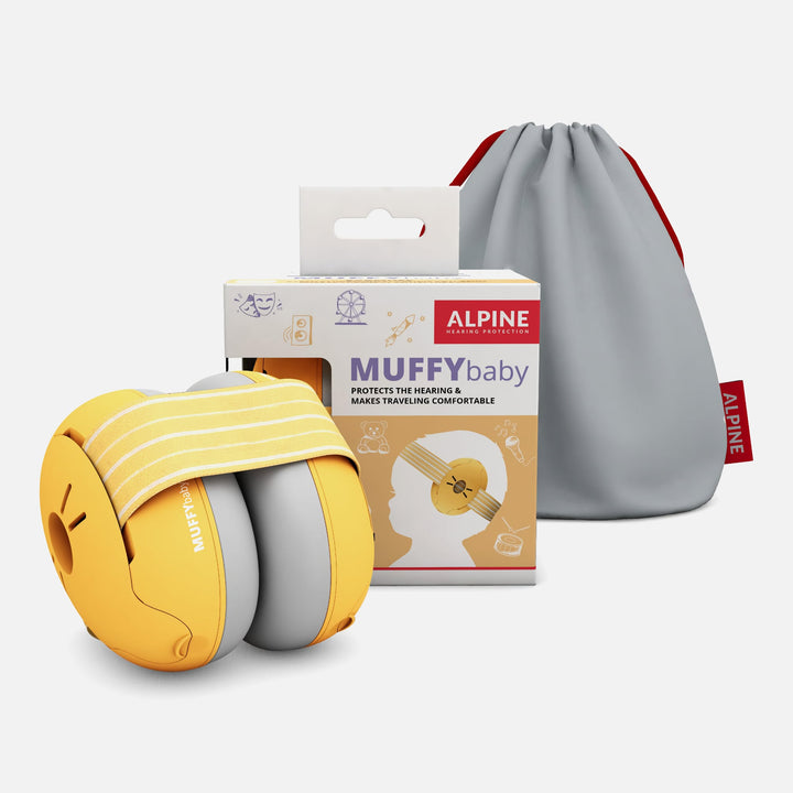 Alpine Muffy Baby Classic yellow baby earmuffs with packaging box and travel pouch