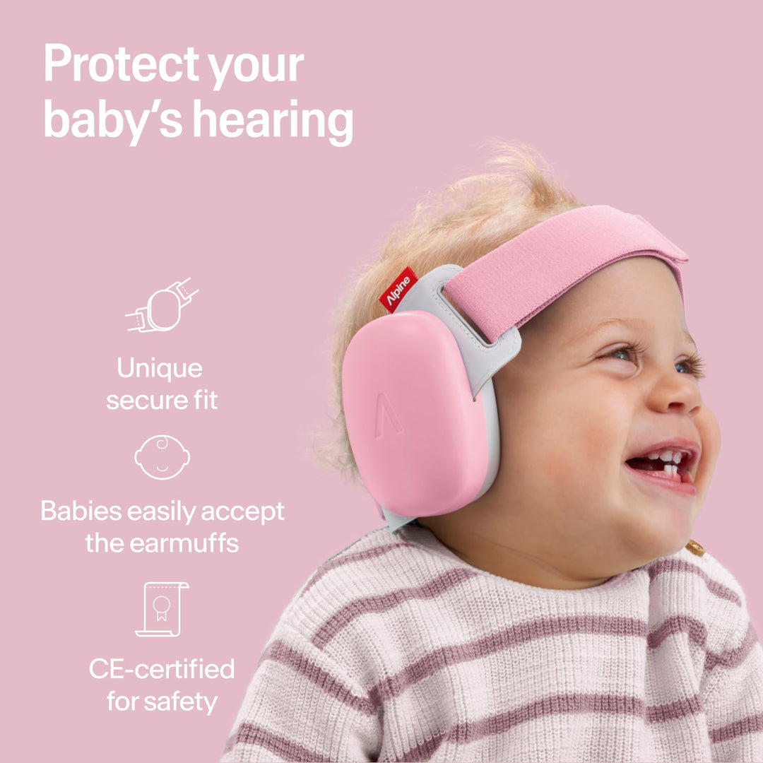 Baby wearing Alpine Muffy Baby Comfort earmuffs Rose Pink showing secure fit soft headband and infant hearing protection