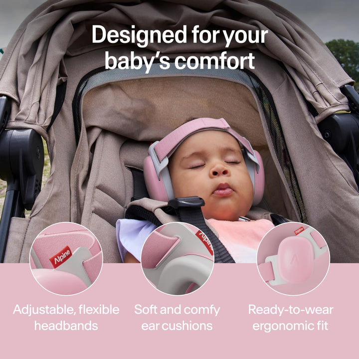 Sleeping baby wearing Alpine Muffy Baby Comfort earmuffs Rose Pink with soft headband for comfortable infant hearing protection