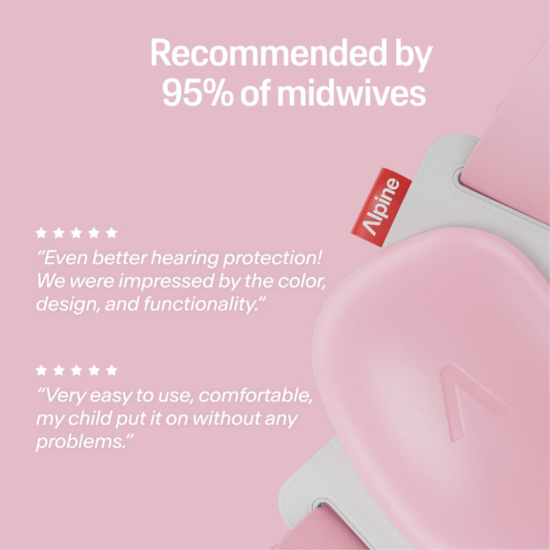 Alpine Muffy Baby Comfort earmuffs Rose Pink close-up showing soft headband and infant hearing protection recommended by midwives