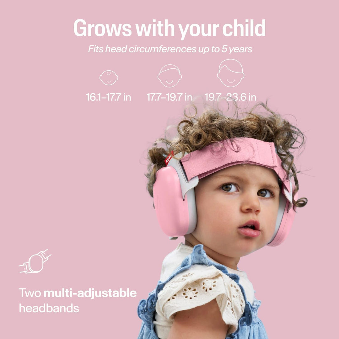Toddler wearing Alpine Muffy Baby Comfort earmuffs Rose Pink with adjustable headband for growing child fit up to 5 years