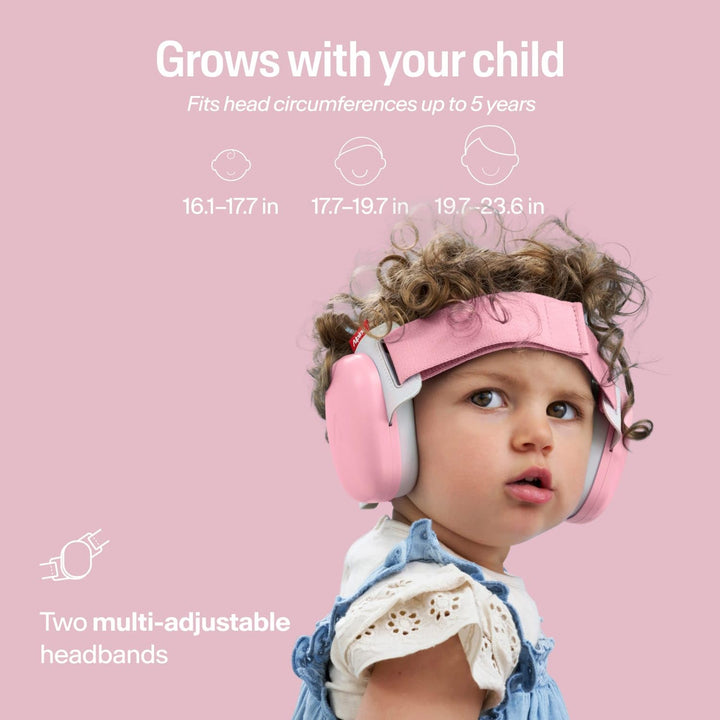 Toddler wearing Alpine Muffy Baby Comfort earmuffs Rose Pink with adjustable headband for growing child fit up to 5 years