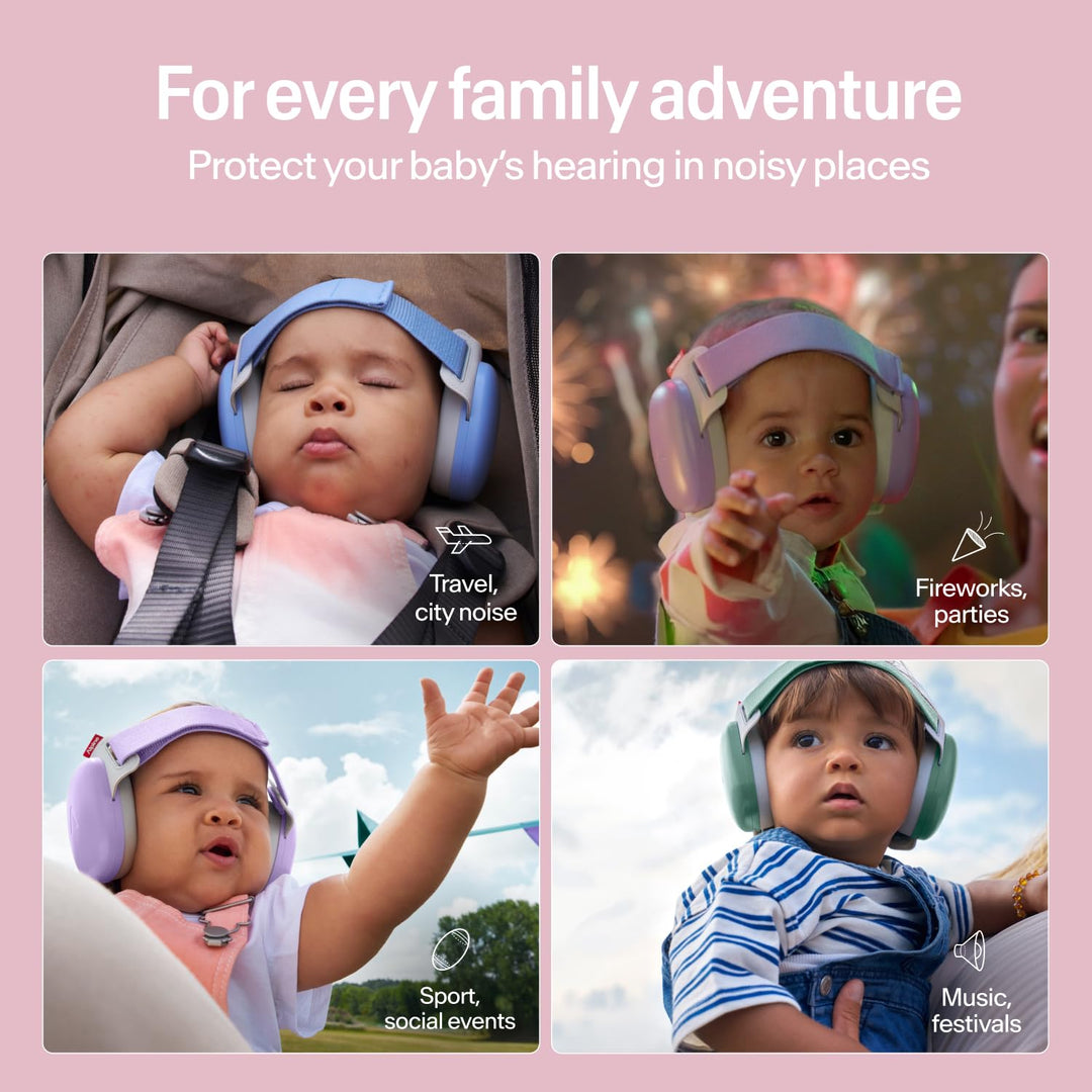 Babies wearing Alpine Muffy Baby Comfort earmuffs in various scenarios including travel, parties, sports, and festivals