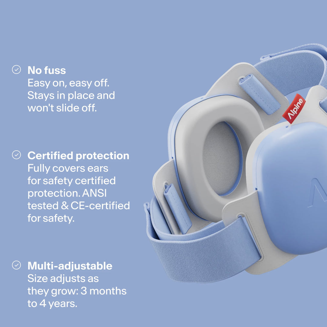 Alpine Muffy Baby Comfort earmuffs Sky Blue close-up showing soft ear cushion adjustable headband and certified infant hearing protection