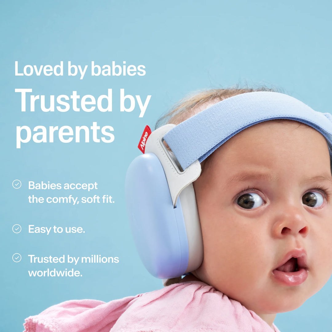 Baby wearing Alpine Muffy Baby Comfort earmuffs Sky Blue showing soft comfortable fit and infant hearing protection