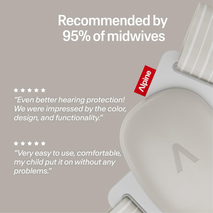 Alpine Muffy Baby Comfort earmuffs Soft Sand close-up showing soft headband and infant hearing protection recommended by midwives