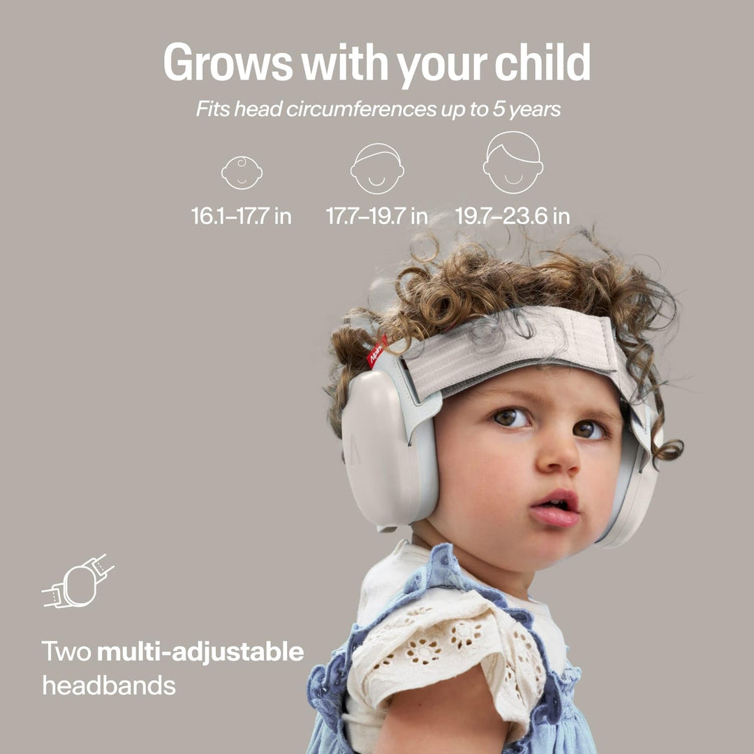 Toddler wearing Alpine Muffy Baby Comfort earmuffs Soft Sand with adjustable headband for growing child fit up to 5 years