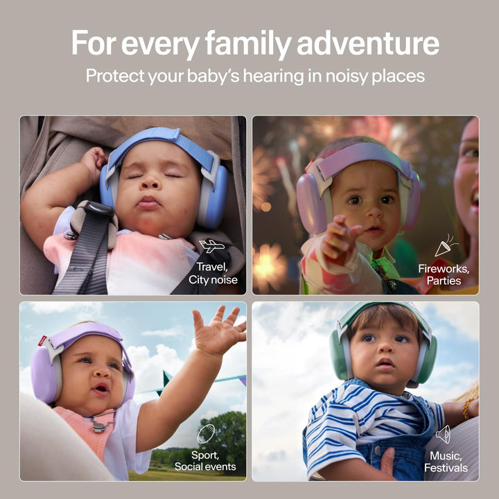 Babies wearing Alpine Muffy Baby Comfort earmuffs in various scenarios including travel, parties, sports, and festivals
