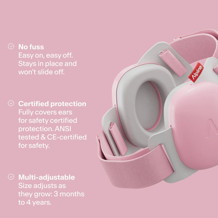 Alpine Muffy Baby Rose Pink earmuffs with adjustable headband, certified protection, and safe fit for babies up to 4 years
