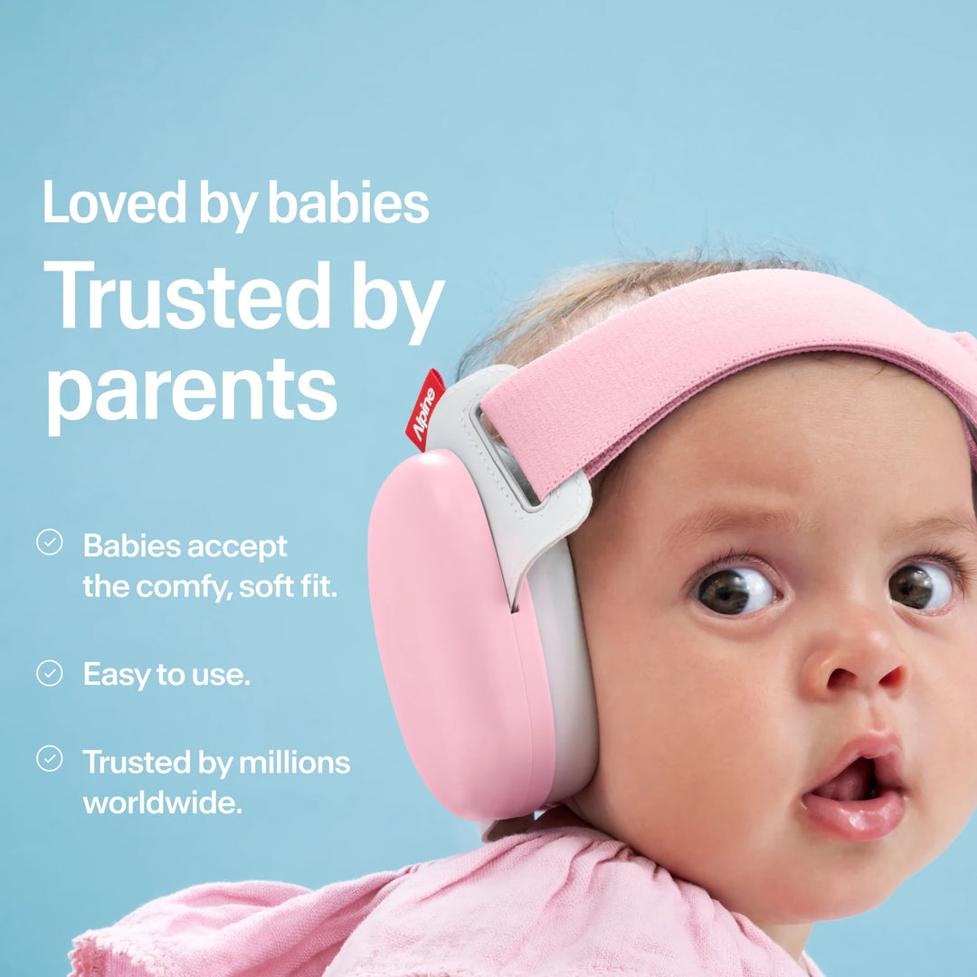 Baby wearing Alpine Muffy Baby Rose Pink earmuffs with soft fit, easy to use, trusted hearing protection for infants worldwide