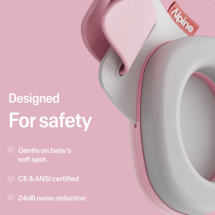 Close-up of Alpine Muffy Baby Rose Pink earmuffs showing soft headband, gentle on baby's fontanel, CE ANSI certified, 24dB protection