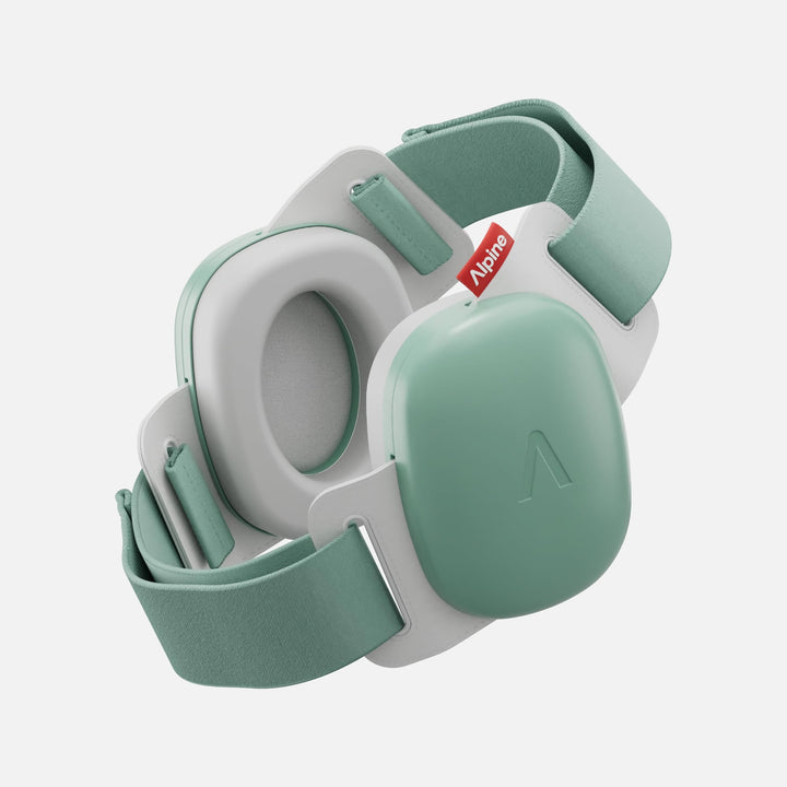 Alpine Muffy Baby sage green earmuffs with soft adjustable headband for infant hearing protection and safe noise reduction