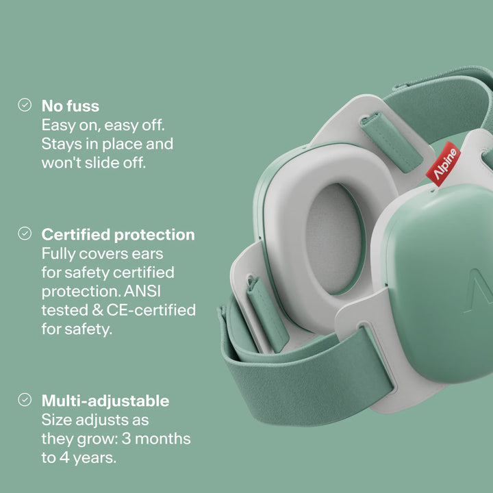 Alpine Muffy Baby sage green earmuffs with adjustable headband, certified protection, and safe fit for babies up to 4 years