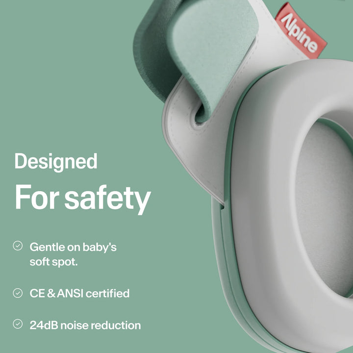 Close-up of Alpine Muffy Baby sage green earmuffs showing soft headband, gentle on baby's fontanel, CE ANSI certified, 24dB protection