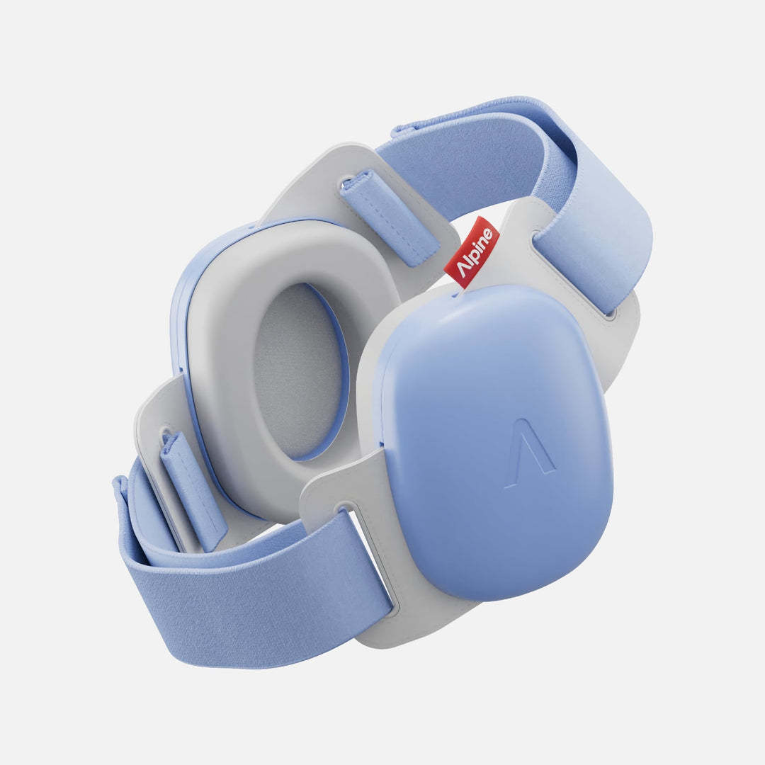 Alpine Muffy Baby Sky Blue earmuffs with soft adjustable headband for infant hearing protection and safe noise reduction