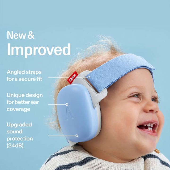 Smiling baby wearing Alpine Muffy Baby Sky Blue earmuffs with angled straps, secure fit, and 24dB certified noise protection