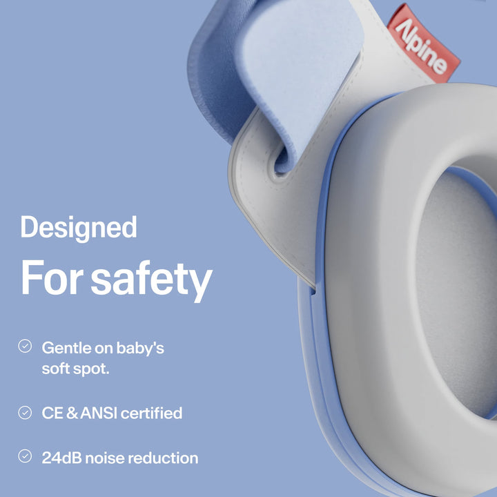 Close-up of Alpine Muffy Baby Sky Blue earmuffs showing soft headband, gentle on baby's fontanel, CE ANSI certified, 24dB protection