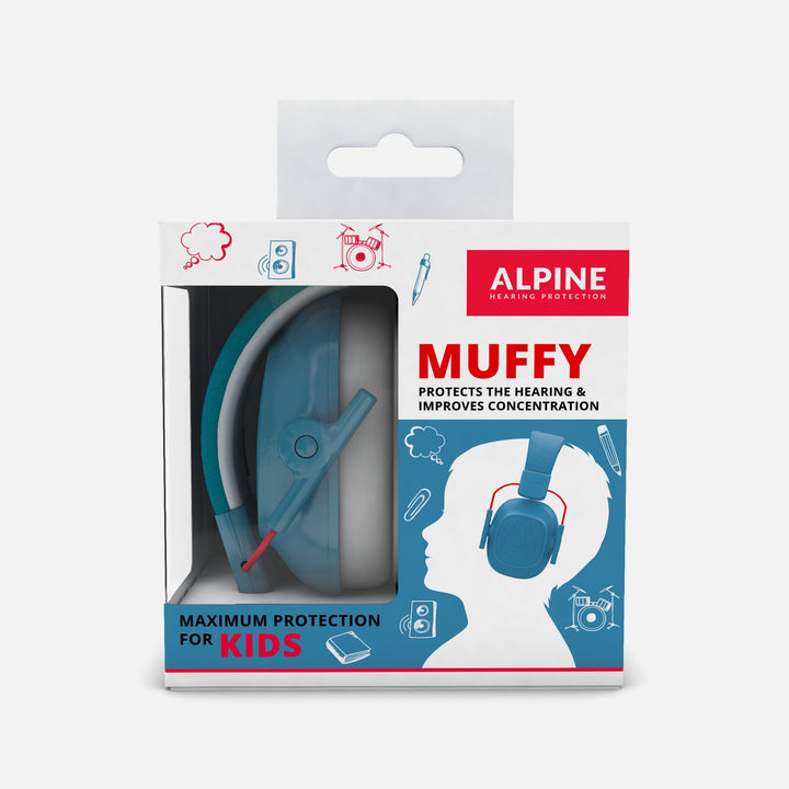 Packaging of Alpine Muffy Kids Earmuffs in blue, highlighting maximum hearing protection and improved concentration for children aged 5–16.