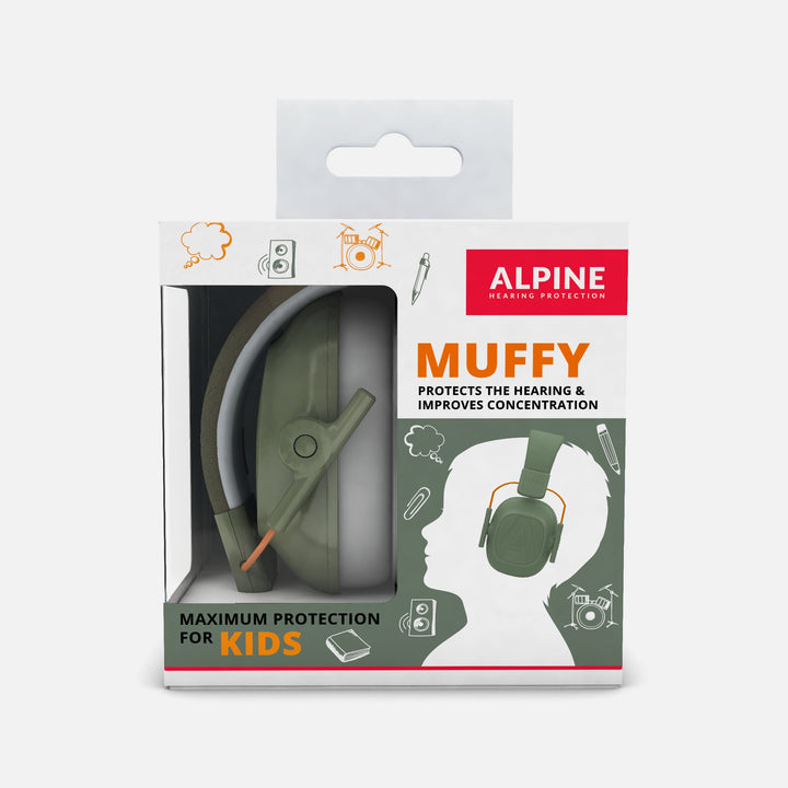 Alpine Muffy Kids Earmuffs in green, designed for maximum hearing protection and improved concentration for children aged 5–16.